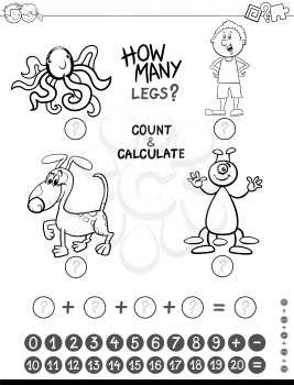 Black and White Cartoon Illustration of Educational Mathematical Counting and Addition Game for Kids with Comic Characters Coloring Page