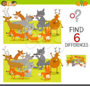 Cartoon Illustration of Spot the Differences Educational Game for Children with Foxes and Deer and Wolves Animal Characters