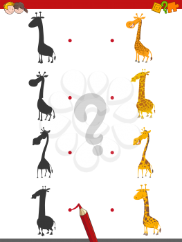 Cartoon Illustration of Find the Shadow Educational Activity Game for Children with Giraffes Animals Characters