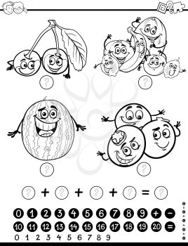 Black and White Cartoon Illustration of Educational Mathematical Activity Game for Children with Fruits Food Object Characters Coloring Page