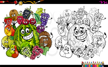 Cartoon Illustration of Happy Fruit Characters Group Coloring Page Activity