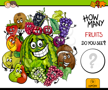 Cartoon Illustration of Educational Counting Activity Game for Children with Fruit Characters Group