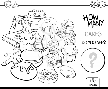 Black and White Cartoon Illustration of Educational Counting Activity Game for Children with Cakes Coloring Page