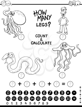 Black and White Cartoon Illustration of Educational Counting and Addition Activity for Children Coloring Page