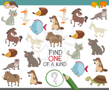 Cartoon Illustration of Find One of a Kind Educational Game for Children with Animal Characters