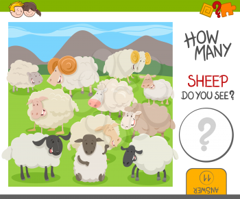 Cartoon Illustration of Educational Counting Activity Game for Kids with Sheep Farm Animal Characters