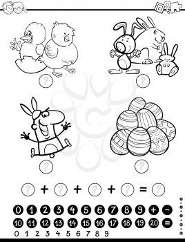 Black and White Cartoon Illustration of Educational Mathematical Activity Game for Children with Easter Holiday Characters Coloring Page