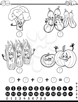 Black and White Cartoon Illustration of Educational Mathematical Activity for Children with Food Objects Vegetable Characters Coloring Page