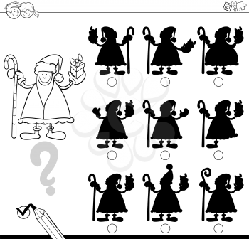 Black and White Cartoon Illustration of Finding the Right Shadow Educational Activity for Kids with Christmas Santa Holiday Character Coloring Page