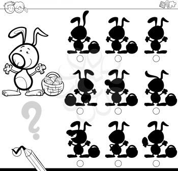 Black and White Cartoon Illustration of Finding the Shadow without Differences Educational Activity for Kids with Easter Bunny Holiday Character Coloring Page