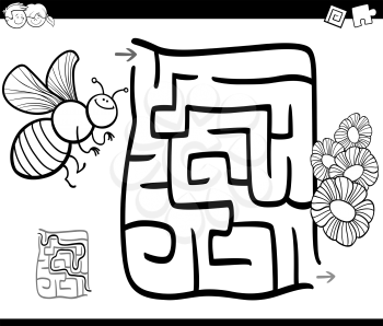Black and White Cartoon Illustration of Education Maze or Labyrinth Game for Children with Bee and Flowers Coloring Page