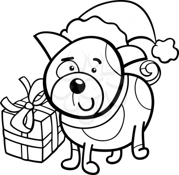 Black and White Cartoon Illustration of Dog or Puppy Animal Character with Christmas Present Coloring Book
