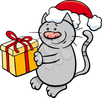 Cartoon Illustration of Cat or Kitten Animal Character with Christmas Gift