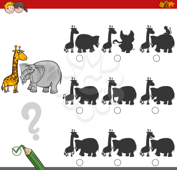 Cartoon Illustration of Finding the Shadow without Differences Educational Activity for Children with Elephant and Giraffe Safari Animal Characters