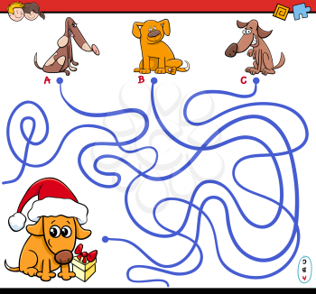 Cartoon Illustration of Paths or Maze Puzzle Activity Game with Dog Animal Characters on Christmas Time