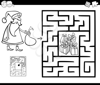 Black and White Cartoon Illustration of Education Maze or Labyrinth Game for Children with Christmas Santa Claus Coloring Page