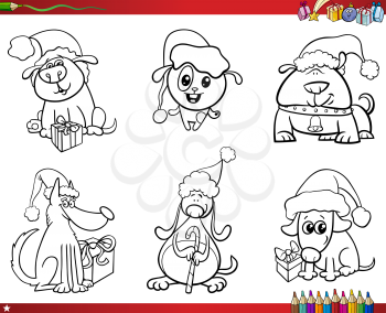 Coloring Book Cartoon Illustration of Black and White Set of Dogs Animal Characters on Christmas Time