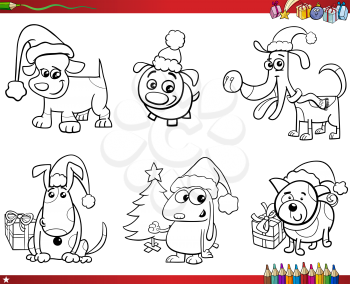 Coloring Book Cartoon Illustration of Black and White Set of Dogs Animal Characters on Christmas