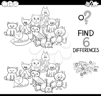 Black and White Cartoon Illustration of Spot the Differences Educational Game for Children with Cat Animal Characters Group Coloring Page