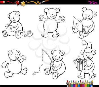 Black and White Cartoon Illustration of Bear Animal Characters Humorous Set Coloring Page