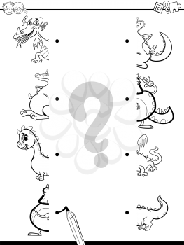 Black and White Cartoon Illustration of Educational Game of Matching Halves with Fantasy Dragons or Monster Characters Coloring Page