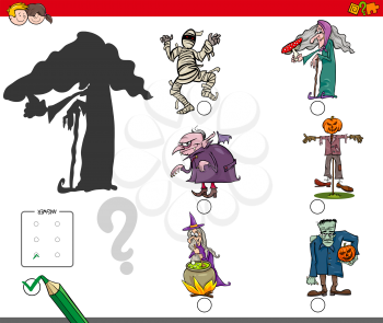 Cartoon Illustration of Finding the Right Shadow Educational Activity for Children with Scary Halloween Characters