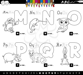 Black and White Cartoon Illustration of Capital Letters Alphabet Set with Animal Characters for Reading and Writing Education for Children from M to R Coloring Book