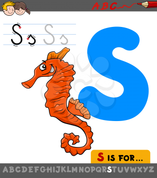 Educational Cartoon Illustration of Letter S from Alphabet with Seahorse Animal Character for Children 