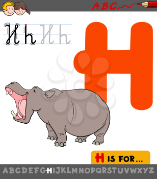 Educational Cartoon Illustration of Letter H from Alphabet with Hippopotamus Animal Character for Children 