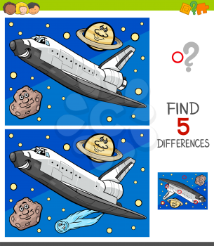 Cartoon Illustration of Finding Five Differences Between Pictures Educational Game for Children with Space Shuttle