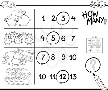 Black and White Cartoon Illustration of Educational Counting Activity for Children with Pigs Animal Characters Coloring Book