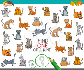 Cartoon Illustration of Find One of a Kind Picture Educational Activity Game for Children with Cats and Kittens Animal Characters