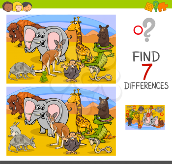 Cartoon Illustration of Searching Differences Between Pictures Educational Activity Game for Children with Wild Animal Characters Group