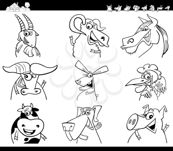 Black and White Cartoon Illustration of Funny Farm Animal Characters Set Coloring Book