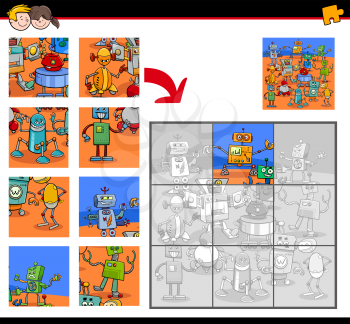 Cartoon Illustration of Educational Jigsaw Puzzle Activity Game for Children with Robots Science Fiction Characters