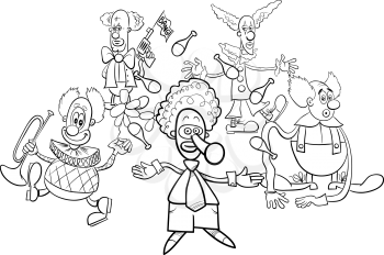 Black and White Cartoon Illustration of Circus Clowns Characters Group Coloring Book