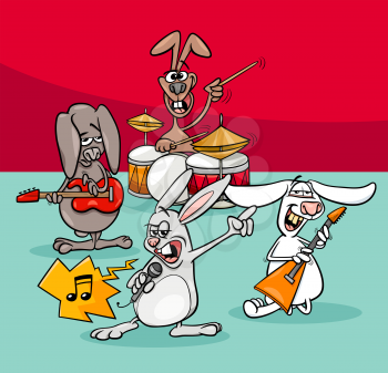 Cartoon Illustration of Funny Rabbits Rock and Roll Musicians Band