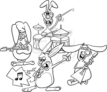 Black and White Cartoon Illustration of Funny Rabbits Rock and Roll Musicians Band Coloring Book
