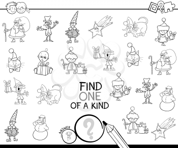 Black and White Cartoon Illustration of Find One of a Kind Educational Activity Game for Children with Christmas Characters Coloring Book