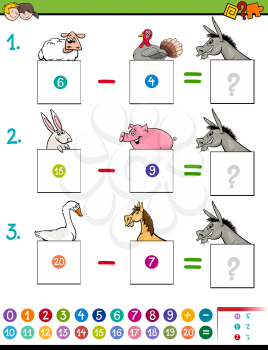 Cartoon Illustration of Educational Mathematical Subtraction Puzzle Game for Preschool and Elementary Age Children with Funny Farm Animal Characters