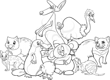 Black and White Cartoon Illustrations of Australian Animal Characters Group Coloring Book