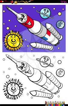 Cartoon Illustration of Funny Space Rocket in Cosmos Coloring Book Activity