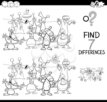 Black and White Cartoon Illustration of Finding Seven Differences Between Pictures Educational Activity Game for Children with Aliens Fantasy Characters Group Coloring Book