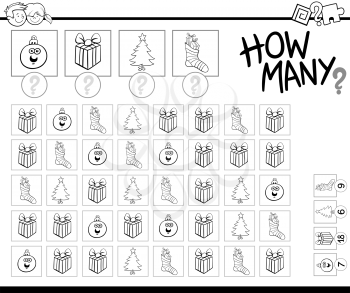 Black and White Cartoon Illustration of Educational How Many Counting Game for Children with Christmas Holiday Objects Coloring Book