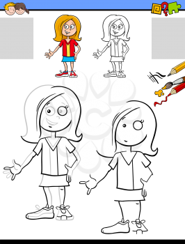 Cartoon Illustration of Drawing and Coloring Educational Activity for Children with Happy Girl Character