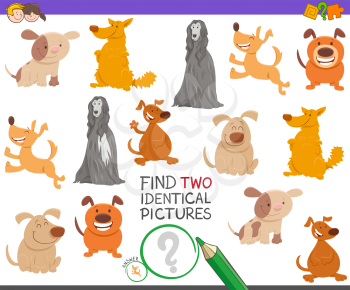 Cartoon Illustration of Finding Two Identical Pictures Educational Activity Game for Children with Happy Dog Characters