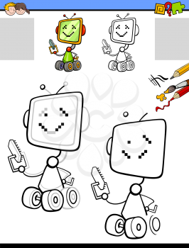 Cartoon Illustration of Drawing and Coloring Educational Activity for Children with Robot or Droid Character