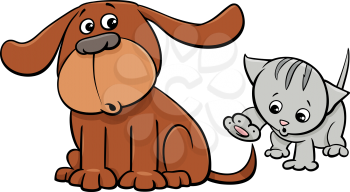 Cartoon Illustration of Puppy and Cute Little Kitten Pet Animal Characters