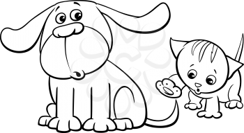 Black and White Cartoon Illustration of Puppy and Cute Little Kitten Pet Animal Characters Coloring Book
