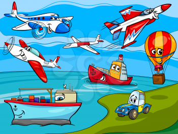 Cartoon Illustration of Funny Planes and Ships Transportation Characters Group